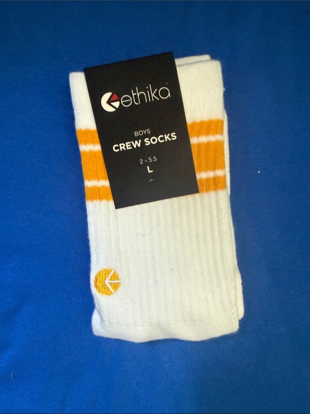 ethika White Crew Socks with Yellow Stripe Accents